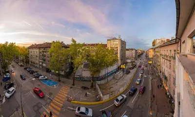an aerial view of a city street with cars at Unique atmosphere with golden standard design in Sofia