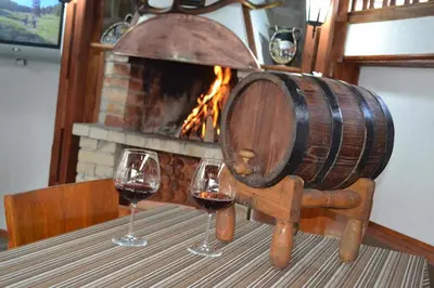 two glasses of wine sitting on a table with a wine barrel at Guest House Ganovi in Kalofer
