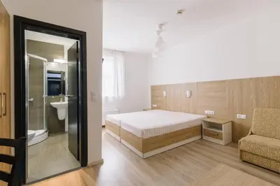 a bedroom with a bed and a sink and a chair at Eco Hotel Zdravetz in Tsar Kaloyan