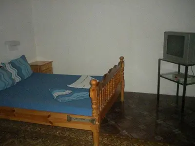 a bedroom with a wooden bed and a television at Hotel- Restaurant Struma in Stara Kresna