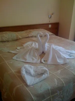 two swans made out of towels on a bed at Family Hotel Yola in Chepelare