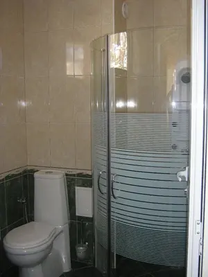 a bathroom with a toilet and a glass shower at Family Hotel Yola in Chepelare