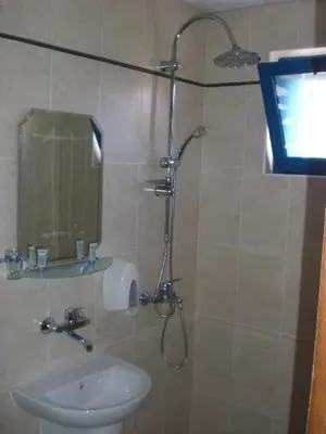 a bathroom with a shower with a toilet and a television at Fenix Family Hotel in Blagoevgrad