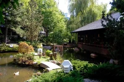 a garden with a pond and a house with a pond at Hotel Marinela Sofia in Sofia