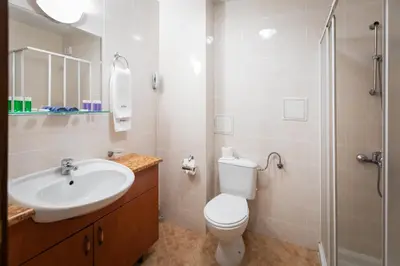 a bathroom with a sink and a toilet and a shower at Sveta Sofia Hotel in Sofia