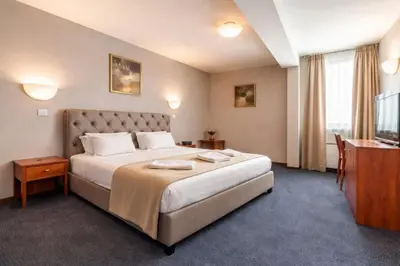 a hotel room with a bed and a television at Sveta Sofia Hotel in Sofia