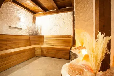a room with a sauna with a fountain in it at Hotel Tanne in Bansko