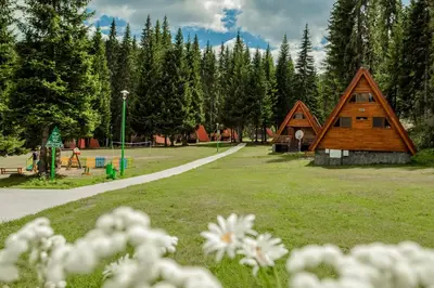 a park with a wooden cabin and a playground at Complex Malina Pamporovo in Pamporovo