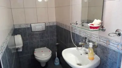 a bathroom with a sink and a toilet and a mirror at Scotty's Boutique Hotel in Sofia