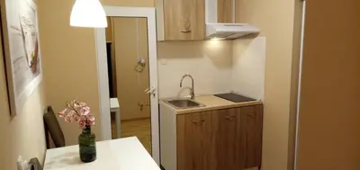 a small kitchen with a sink and a refrigerator at Benita Inn apartments in Sofia