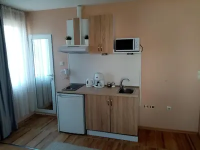 a small kitchen with a sink and a microwave at Benita Inn apartments in Sofia