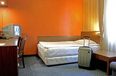 a hotel room with a bed and a desk with a suitcase at DITER Family Hotel in Sofia