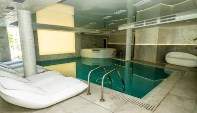 a bathroom with a swimming pool and a toilet at Spa Hotel Rich in Velingrad