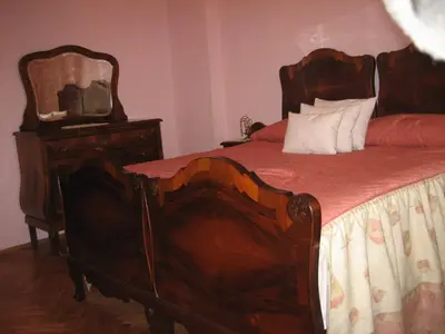 a bedroom with a wooden bed with a dresser and a mirror at Casa Ferrari Bed & Breakfast in Sofia
