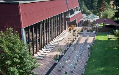 an overhead view of a building with a row of chairs at Hotel Samokov in Borovets