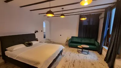 a bedroom with a bed and a green couch at My Guest Rooms in Plovdiv