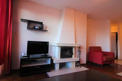 a living room with a tv and a fireplace at Mountview Lodge Apartments in Bansko