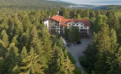 an aerial view of a large building in the trees at Lion Hotel Borovets in Borovets