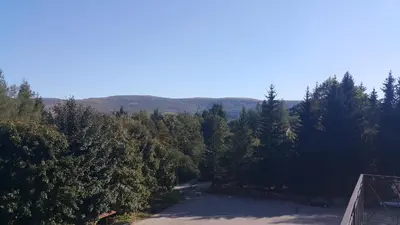 a road through a forest with mountains in the background at Hotel Via Trayana in Beli Osŭm