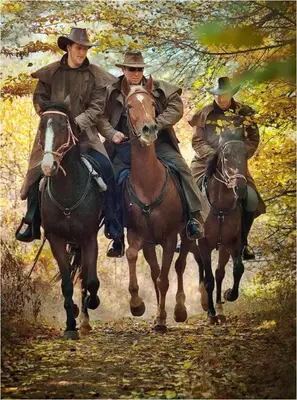 a painting of three men riding on horses at Tree House in Sofia