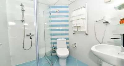 a bathroom with a shower and a toilet and a sink at Art Plaza Hotel in Sofia