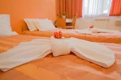 two beds with white towels and flowers on them at Apart Hotel Flora Residence Daisy in Borovets