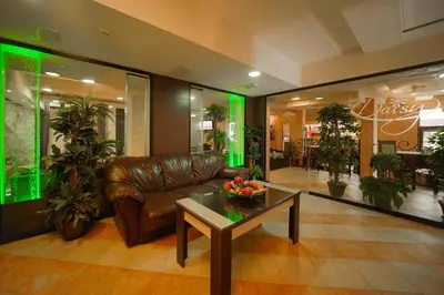 a living room with a leather couch and a table at Apart Hotel Flora Residence Daisy in Borovets