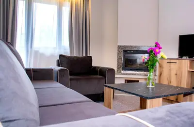 a living room with a couch and a table with flowers at Hotel Orphey in Bansko