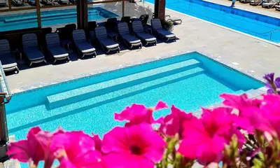 a swimming pool with chairs and pink flowers next to it at Katarino SPA Hotel in Bansko