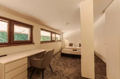 a bedroom with a bed and a desk with a chair at Musala Hotel in Borovets