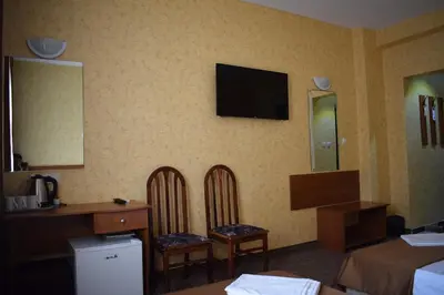 a hotel room with two chairs and a television on the wall at Slavyanska Beseda Hotel in Sofia