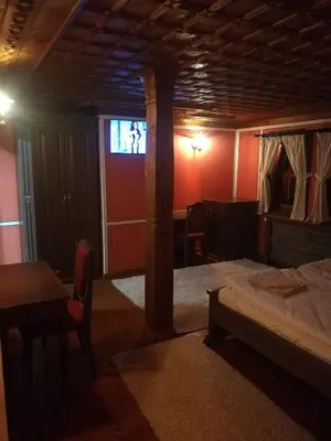 a bedroom with a bed and a tv on a wall at Once upon a time in Koprivshtitsa