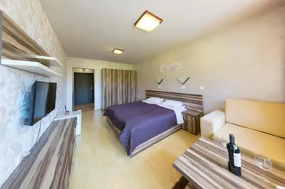 a hotel room with a bed and a couch at Forest Nook Aparthotel in Pamporovo