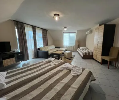 a hotel room with a bed and a living room at ALPHA family HOTEL in Blagoevgrad