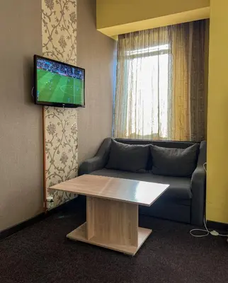 a living room with a couch and a tv on a wall at ALPHA family HOTEL in Blagoevgrad