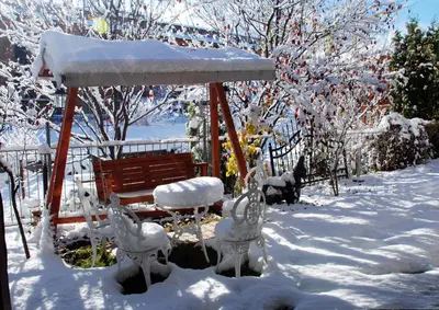 a garden covered in snow with a bench and trees at Elegant Lux Hotel in Bansko