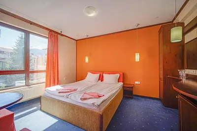 a bedroom with a bed with orange walls and a window at Hotel Friends in Bansko