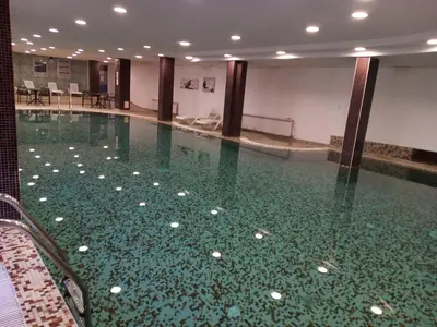 a swimming pool with green water in a building at Finlandia Hotel in Pamporovo