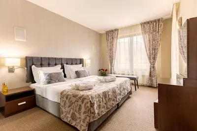 a bedroom with a large bed and a window at Murite Park Hotel in Bansko