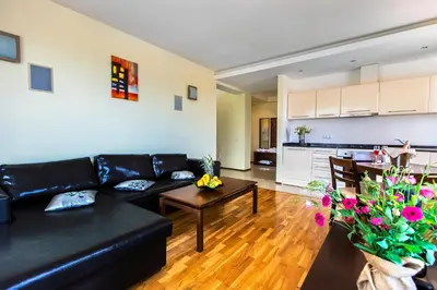 a living room with a black couch and a table at Murite Park Hotel in Bansko