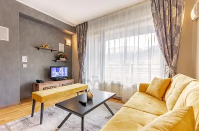 a living room with a couch and a tv at Murite Park Hotel in Bansko