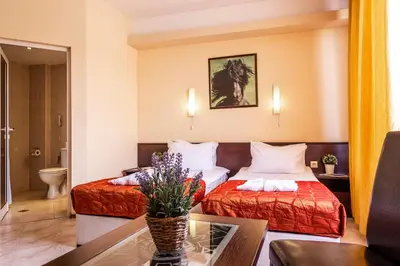 a hotel room with two beds and a table at Spa Hotel Aspa Vila in Banya