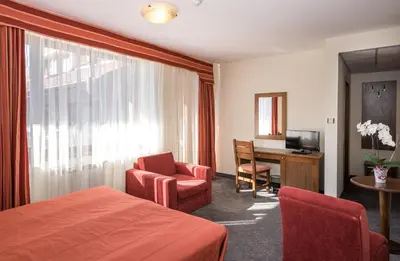 a hotel room with a bed and a chair and a desk at Evelina Palace Hotel in Bansko