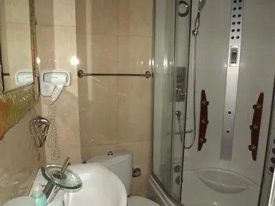 a bathroom with a shower and a toilet and a sink at Villa Filip in Bachevo