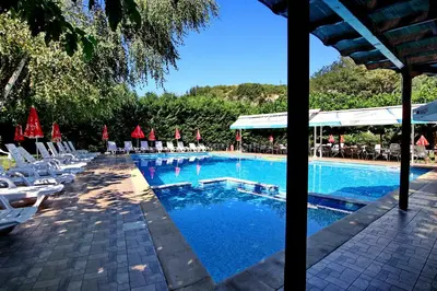 a large swimming pool with lounge chairs and umbrellas at Хотел Свети Трифон in Melnik