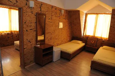a bedroom with two beds and a mirror at Hotel Racic Self-Check In in Voyvodinovo