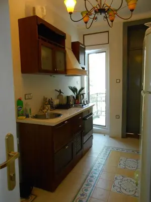a kitchen with a sink and a counter top at Orient Express Guest House in Sofia