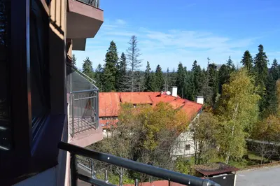 a view from a balcony of a building with a red roof at Apartments Flora-Daisy in Borovets