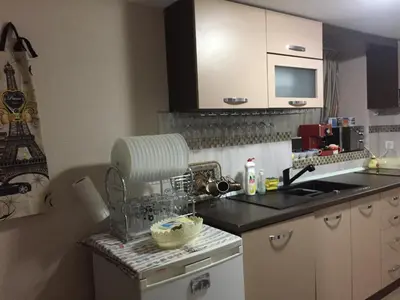 a kitchen with a sink and a counter top at Elenite Guesthouse in Gotse Delchev
