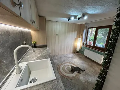 a kitchen with a sink and a window at Guest House Rila in Govedartsi